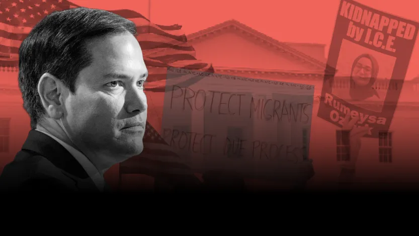 Secretary of State Marco Rubio in black and white against a red background collage of images of students protesting.