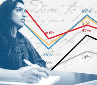 Blue-tinted image of a young female college student in the foreground with line graphs in the background