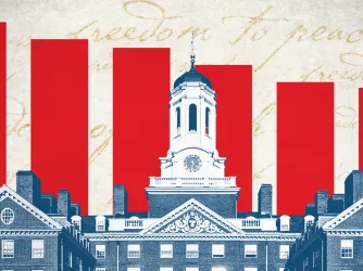 Black and white image of stately brick university building with a tall white cupola in the foreground with red bars (like from a graph) descending behind it, indicating quantitative analysis.