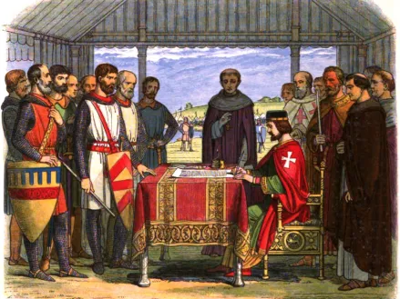 A romanticised 19th-century recreation of King John signing Magna Carta