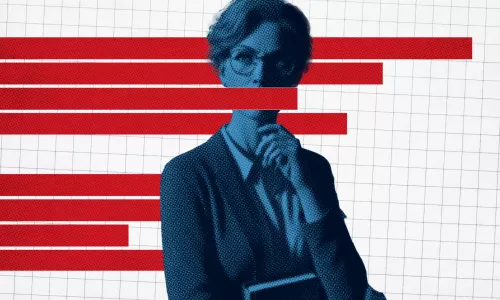 A college professor in the foreground with horizontal red bar graphs in the background, except for one which covers the mouth of the professor, indicating censorship.