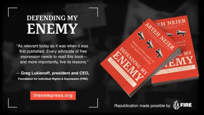 Arye4h Neier Defending My Enemy Book end image with Greg Lukianoff blurb
