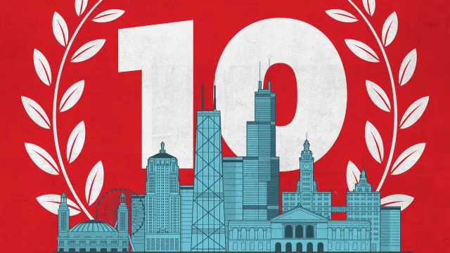 Illustration of Chicago skyline flanked by laurels and the number 10, indicating the 10th anniversary of the Chicago Statement.