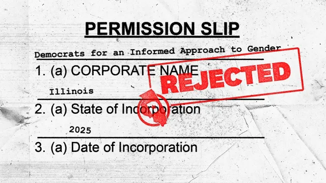 Illustration of a paper "permission slip" for incorporation and the word "REJECTED" in red letters stamped over it.
