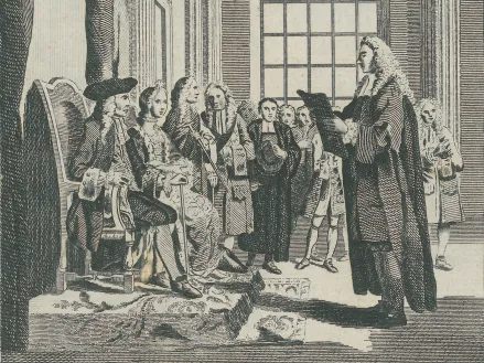 Engraving based on a drawing by Samuel Wale of the Bill of Rights being presented to William III and Mary II