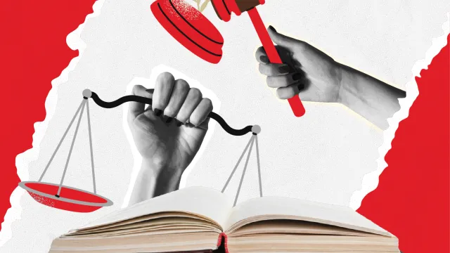 Clip art collage including the scales of justice and a hand banging a gavel, indicating due process.