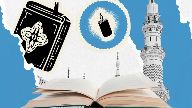 Clip art collage of religious book and buildings, indicating freedom of religion.