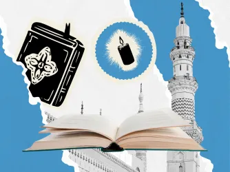 Clip art collage of religious book and buildings, indicating freedom of religion.