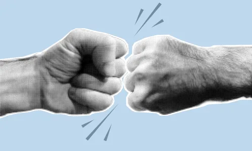 Fists clashing collage element for mixed media design