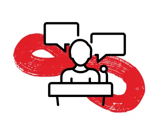 Illustration of a person and speech bubbles flanked by the infinity symbol