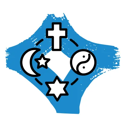 Illustration of symbols representing various religions, indicating religious liberty