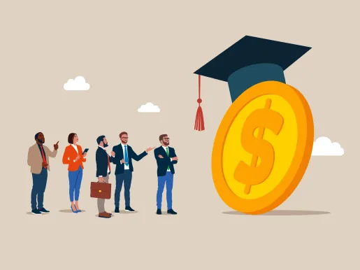 Group of business professionals looking at a large coin with a dollar sign on it and a college graduation cap on top