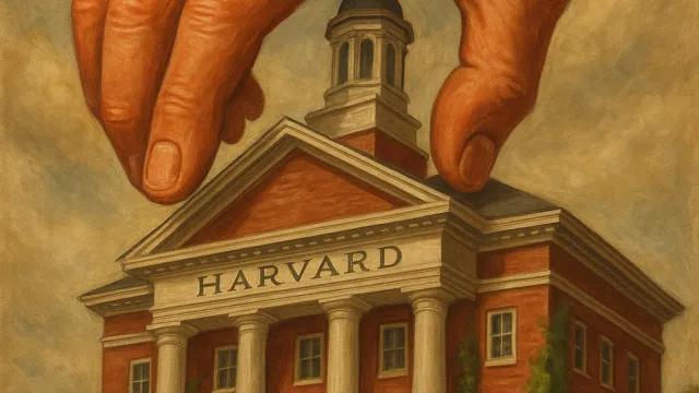 Giant hand reaches for Harvard Hall