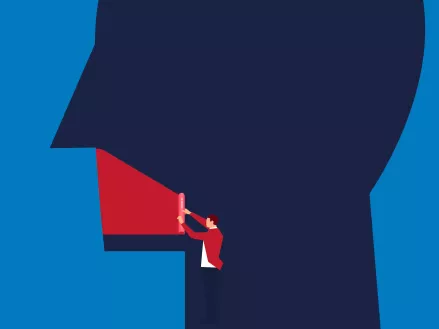 Illustration of a man using red tape to shut the mouth of a large head