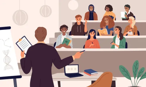 Illustration of college students sitting in lecture hall with a professor teaching