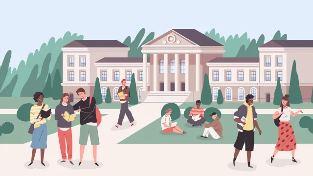 Illustration of college students walking on campus
