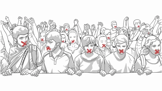 Illustration of crowd protesting with red tape on their mouths