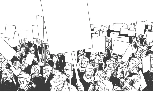 Illustration of people protesting with blank signs and banners