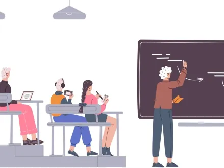 Illustration of students sitting on university lecture hall with a professor writing on a blackboard