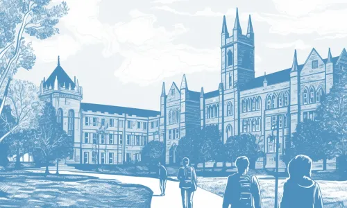 Blue-tinted illustration of a campus building with students walking on pathways.