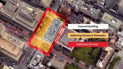 Map showing how large proposed "buffer zones" will be if New York passes a new protest law