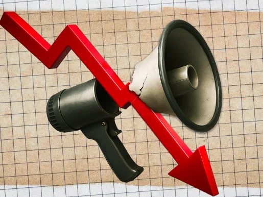 Graph paper with red line going down, cutting a megaphone in half.