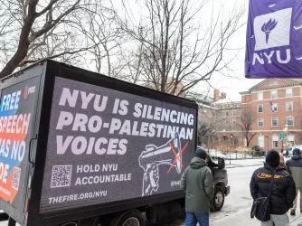 Billboard truck with a FIRE ad that reads: "NYU silencing pro-Palestinian voices"