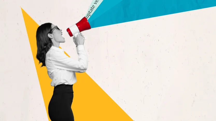 Poster banner collage of professional screaming into a megaphone