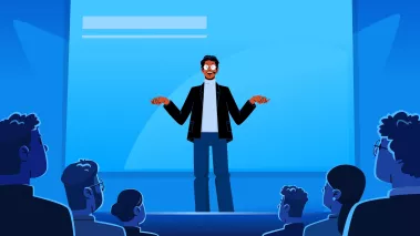 Illustration of a professor speaks on stage in front of an audience in a seminar