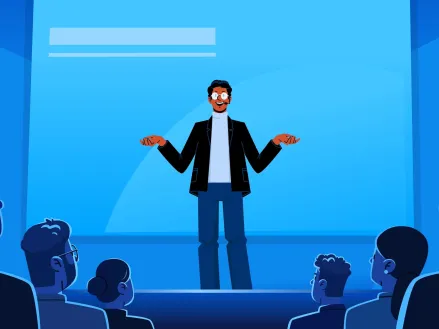 Illustration of a professor speaks on stage in front of an audience in a seminar