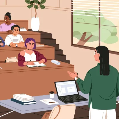 Illustration of a college professor teaching at the front of a lecture hall filled with students