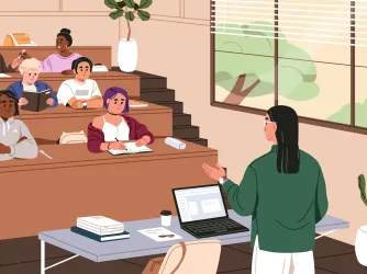Illustration of a college professor teaching at the front of a lecture hall filled with students
