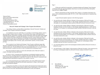 Collage of a letter from Secretary Kristi Noem that bars Harvard from enrolling international students 