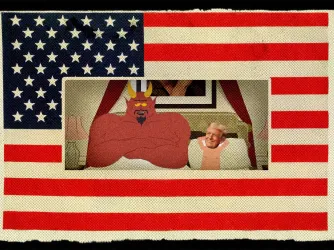 Screenshot of the Season 27 premier of South Park showing Satan and President Trump in bed together.