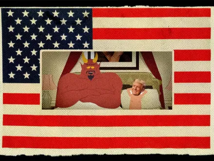 Screenshot of the Season 27 premier of South Park showing Satan and President Trump in bed together.