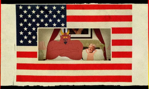 Screenshot of the Season 27 premier of South Park showing Satan and President Trump in bed together.