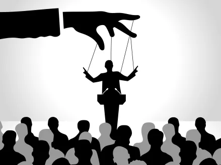 Illustration of a speaker as a puppet being compelled to speak