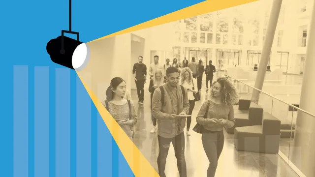 Stylized news graphic showing students walking on campus with a large illustrated spotlight illuminating them