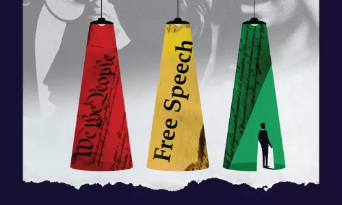 Red yellow and green lamps wrapped in the first amendment