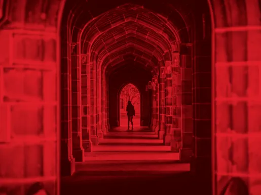 Archways on a college campus photographed with a red filter