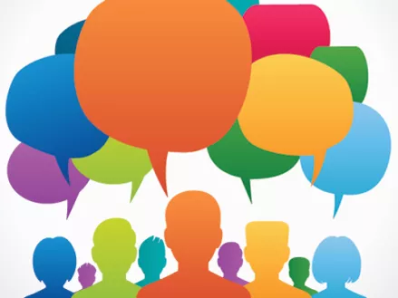 Colorful illustration of students and speech bubbles