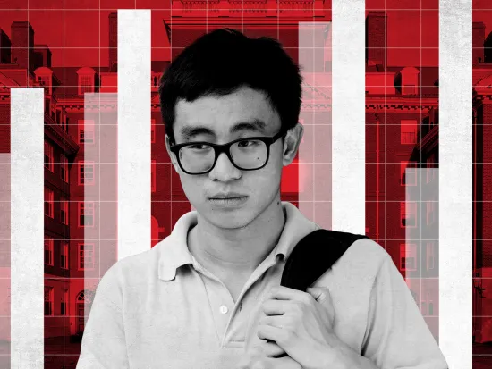Graphic with a college student in the foreground with bar graphs in the background
