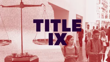 Image of scales of justice cropped alongside another image of students in college