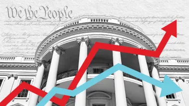 Black and white image of the White House with red and blue line graphs in front